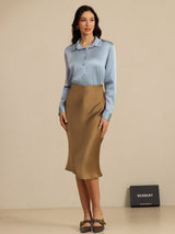 [Gråblå] SilkSilky-DK Long Sleeve Lapel Collar Dameskjorte 012