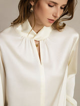 [Elfenben] SilkSilky-DK Long Sleeve Keyhole Neck Damebluser 005