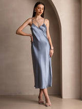 [Gråblå] SilkSilky-DK Sleeveless V Neck Kjole 001