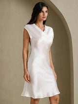 [Hvid] SilkSilky-DK Cap Sleeve V Neck Natkjole 006