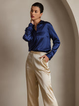 [Mørkeblå] SilkSilky-DK Long Sleeve Lapel Collar Dameskjorte 005