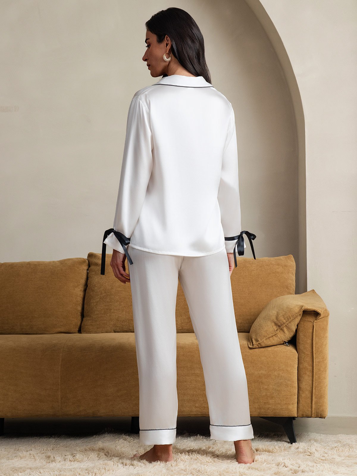 [Hvid] SilkSilky-DK Silke Long Sleeve Revers Dame Pyjamas 002