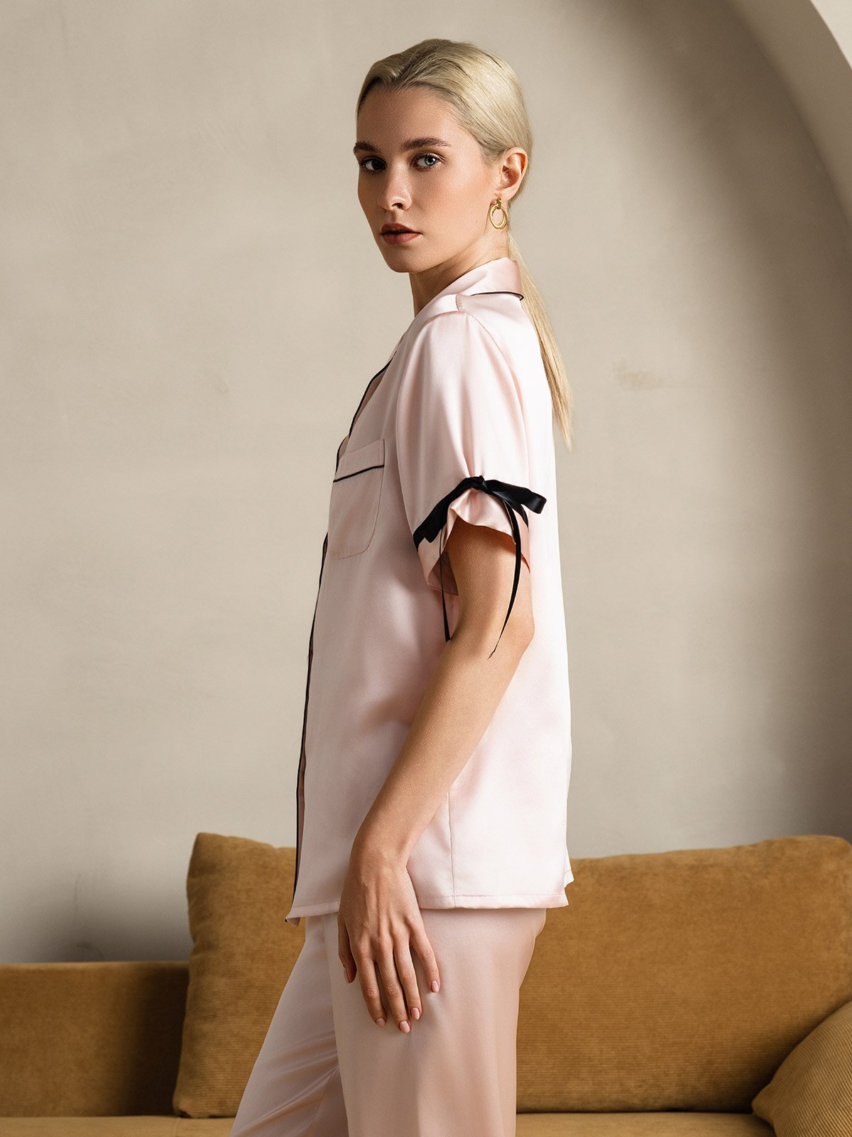 [Lyserød] SilkSilky-DK Silke Short Sleeve Revers Dame Pyjamas 004