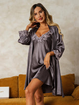 [Lilla Grå] SilkSilky-DK 3/4 Sleeve V Neck Natkjole & Morgenkåbe Sæt 001