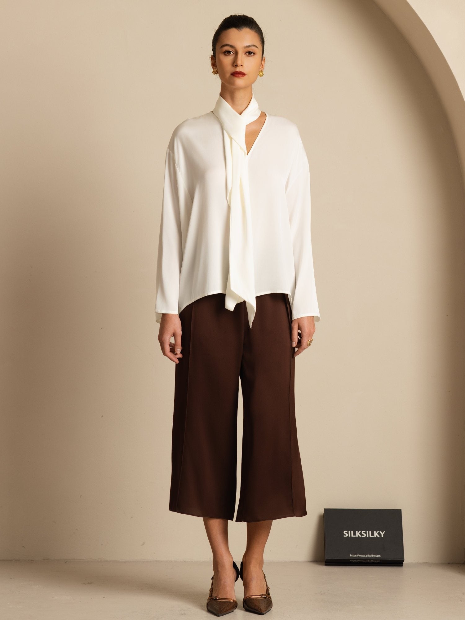 [Hvid] SilkSilky-DK 19Momme Silke Langærmet V Hals Bluse 008