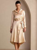 [Champagne] SilkSilky-DK Long Sleeve Lapel Collar Kjole 005