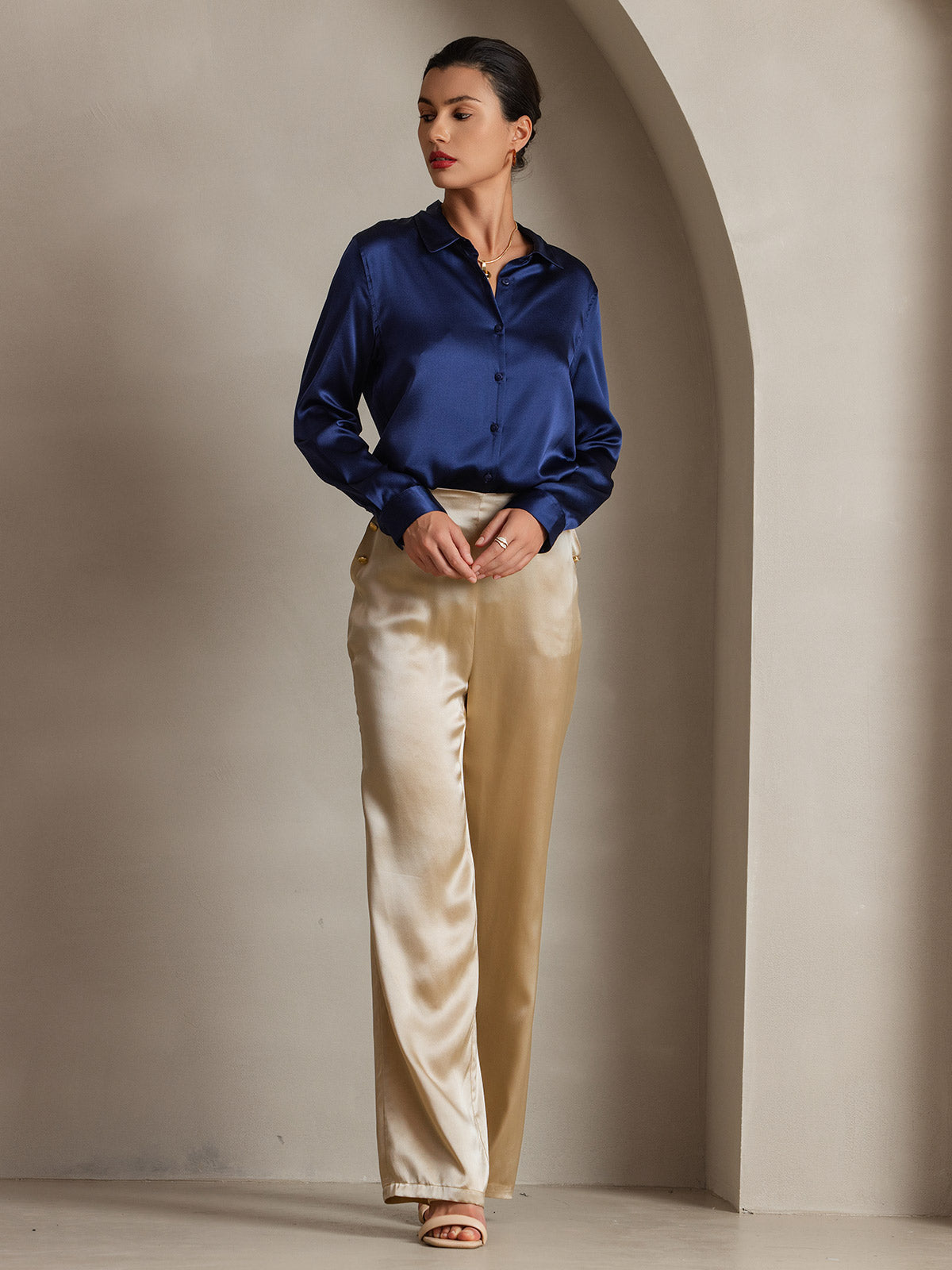 [Mørkeblå] SilkSilky-DK Silke Womens Shirt 006