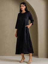 [Sort] SilkSilky-DK 3/4 Sleeve Round Neck Kjole 006