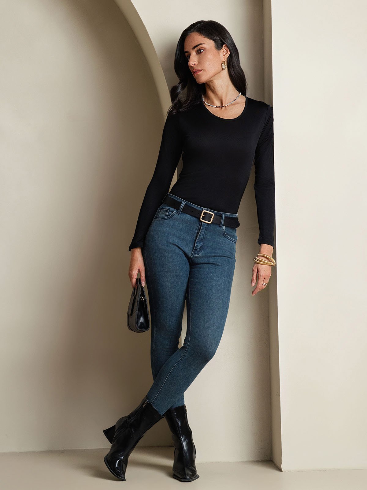 [Sort] SilkSilky-DK Langærmet Rund Hals T-shirt til kvinder 005