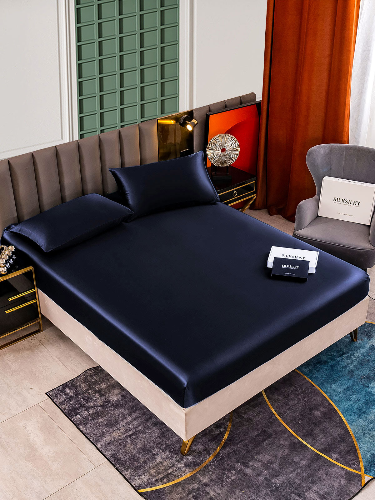 [Mørkeblå] SilkSilky-DK 25Momme Bedding Set 001