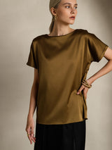 [Brun] SilkSilky-DK 19Momme Kort ærme Bådudskæring T-shirt til kvinder 005