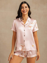 [Lyserød] SilkSilky-DK 19Momme Kort ærme Notchkrage Dame Pyjamas 001