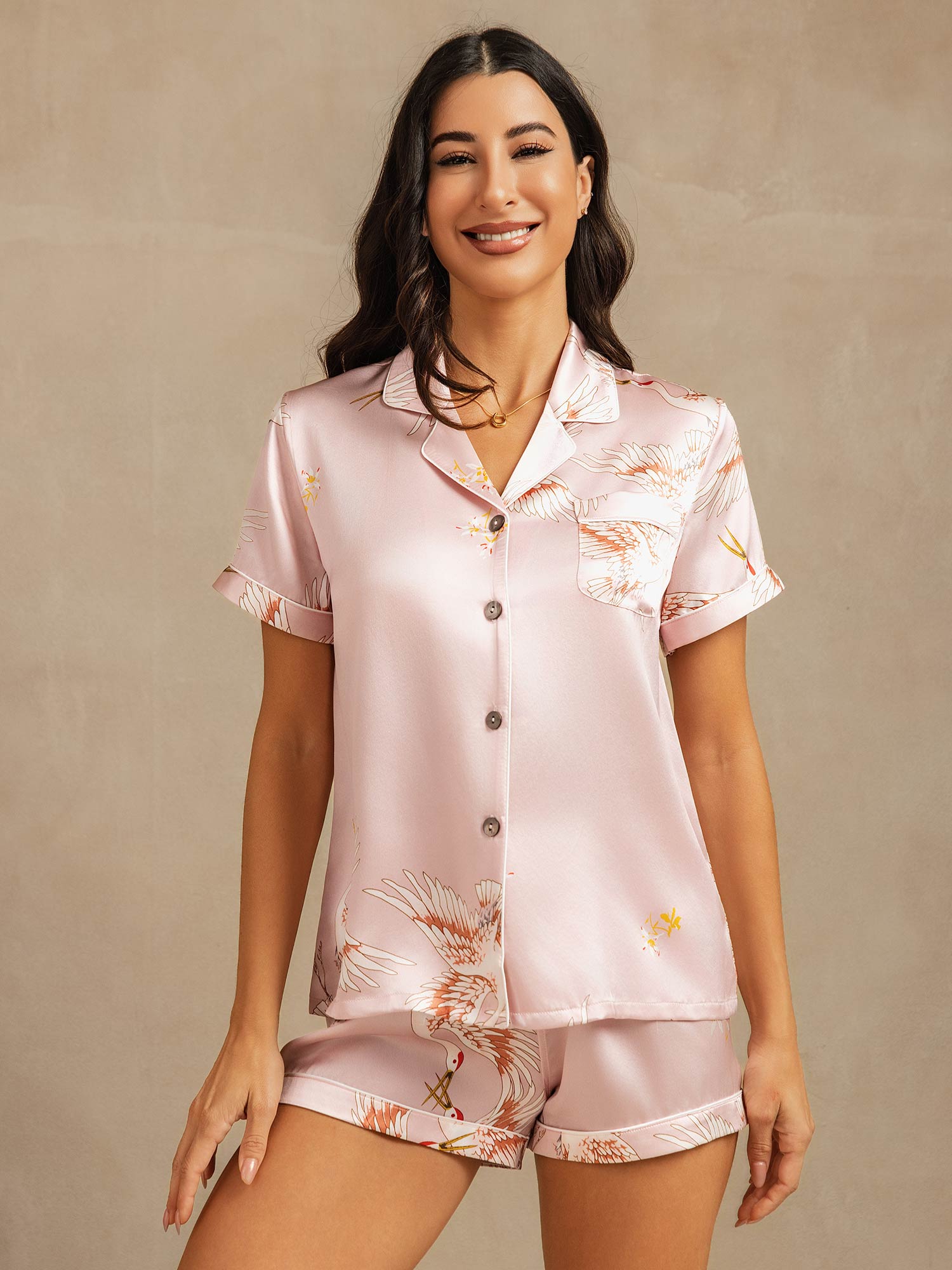 [Lyserød] SilkSilky-DK Short Sleeve Lapel Collar Dame Pyjamas 001
