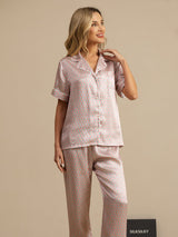 [Pink Hjerte Geo] SilkSilky-DK Short Sleeve Lapel Collar Dame Pyjamas 003