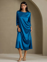 [Blågrøn] SilkSilky-DK 3/4 Sleeve Round Neck Kjole 007