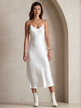 [Hvid] SilkSilky-DK Sleeveless V Neck Kjole 004