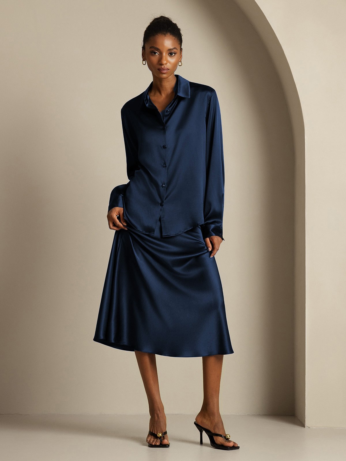 [Mørkeblå] SilkSilky-DK 19Momme Silke Womens Outfit Sets 007,