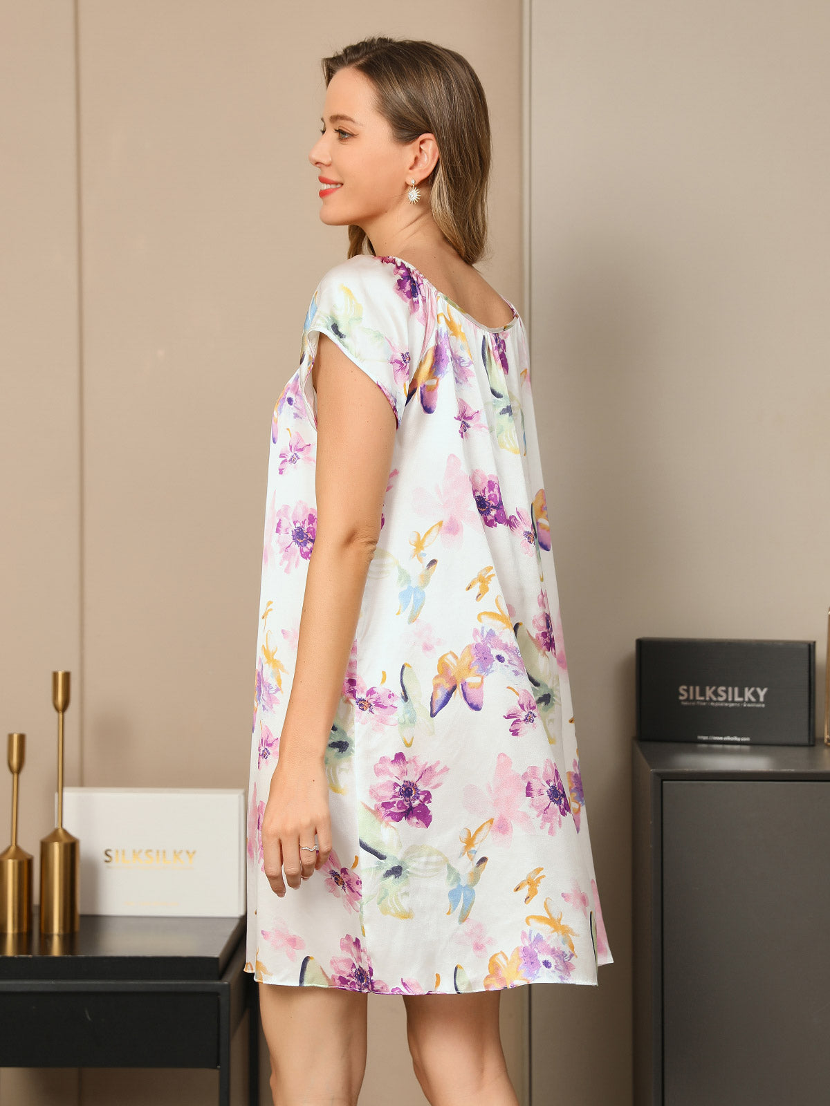 [Lavendel] SilkSilky-DK Pure Silk Cap Sleeve Tie Neck Natkjole 002