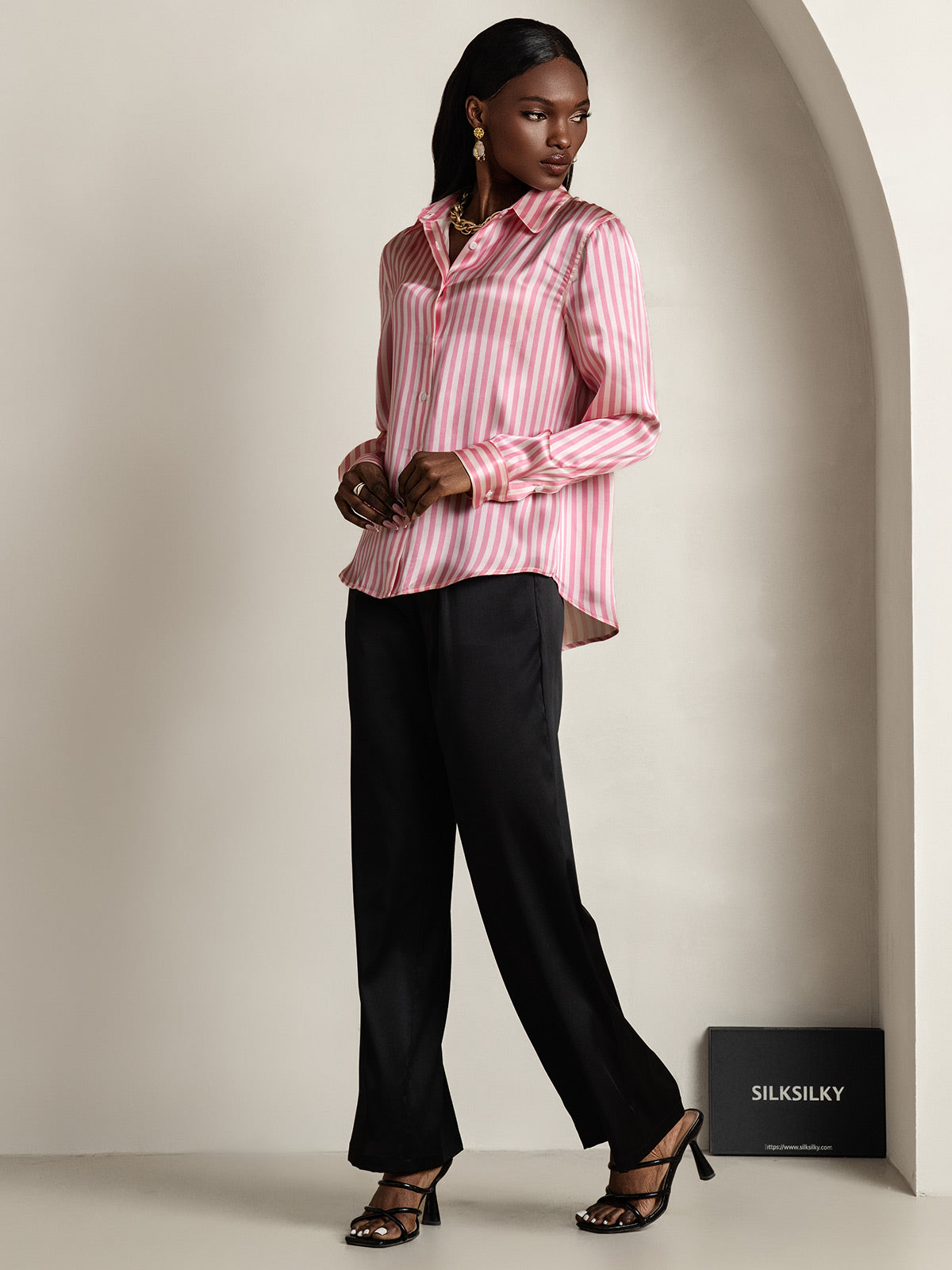 [Lyserød] SilkSilky-DK Silke Long Sleeve Collar Dameskjorte 007
