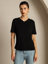 [Sort] SilkSilky-DK Kort ærme V Hals T-shirt til kvinder 005
