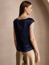 [Mørkeblå] SilkSilky-DK Cap Sleeve Cowl Neck T-shirt til kvinder 002