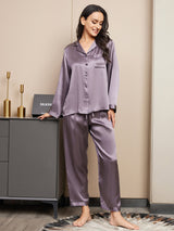 [Lilla Grå] SilkSilky-DK Long Sleeve Lapel Collar Dame Pyjamas 001