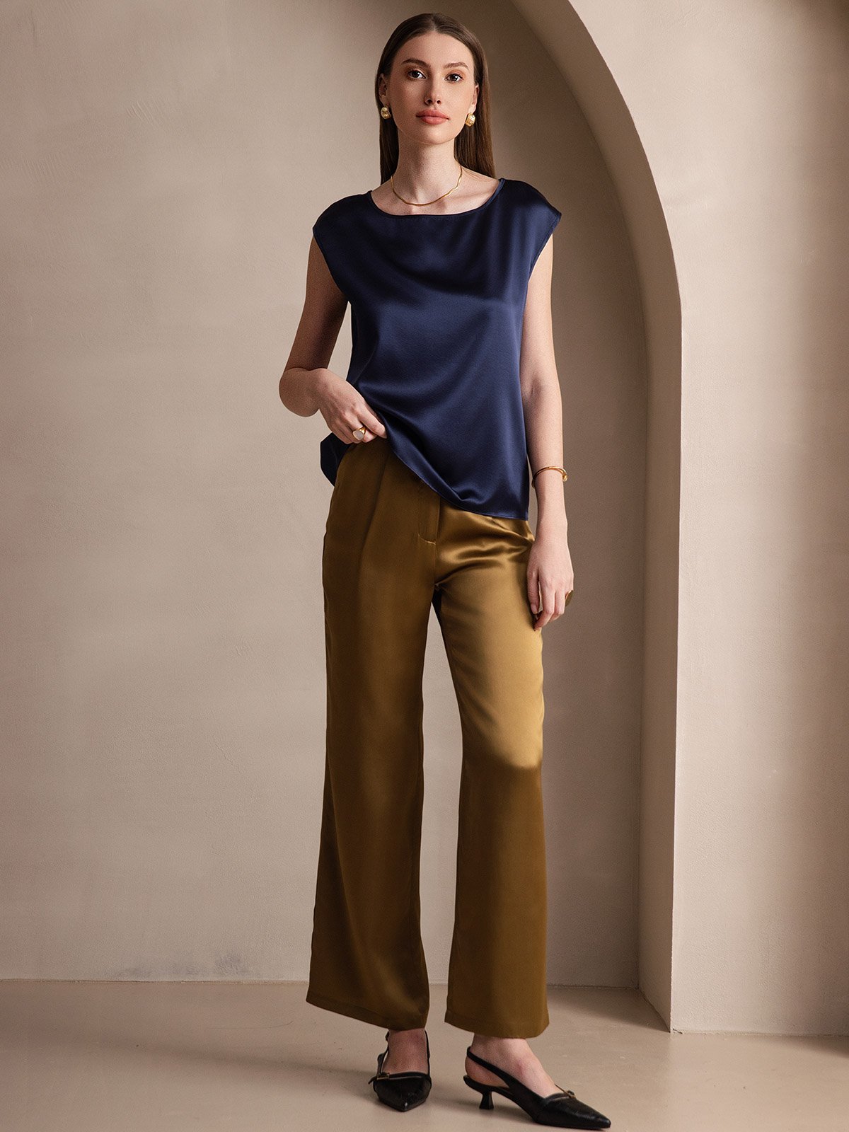 [Mørkeblå] SilkSilky-DK 19Momme Silke Womens T-Shirt 005