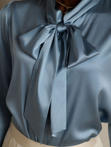 [Gråblå] SilkSilky-DK Long Sleeve Tie Neck Damebluser 008