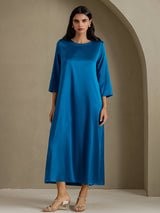 [Blågrøn] SilkSilky-DK 3/4 Sleeve Round Neck Kjole 005