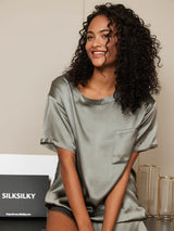 [Grågrøn] SilkSilky-DK Short Sleeve Round Neck Dame Pyjamas 005