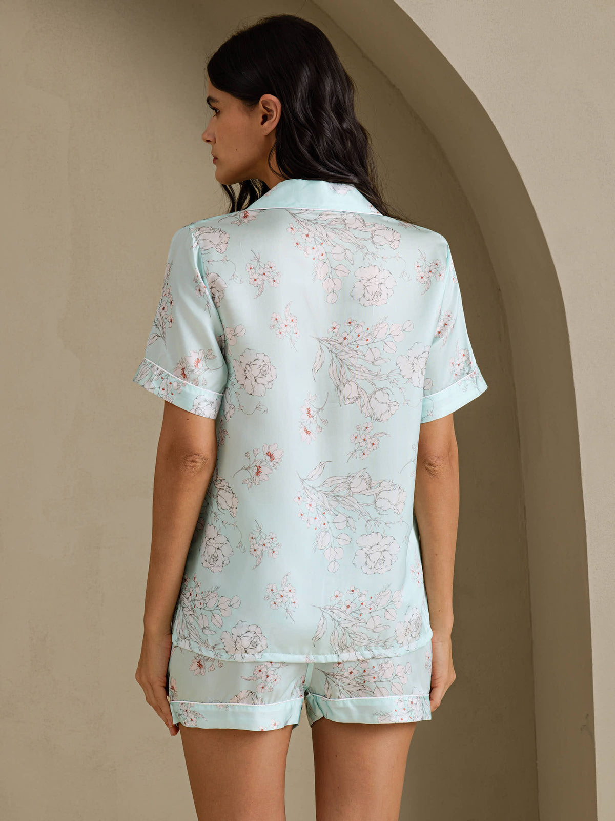 [Himmelblå Blomster] SilkSilky-DK Short Sleeve Notch Collar Dame Pyjamas 002