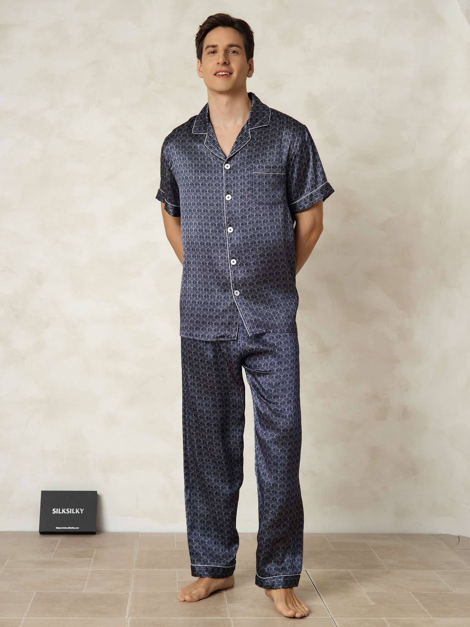 [MarineGinkgo] SilkSilky-DK Silke Lapel Collar Pyjamas til Mænd 006