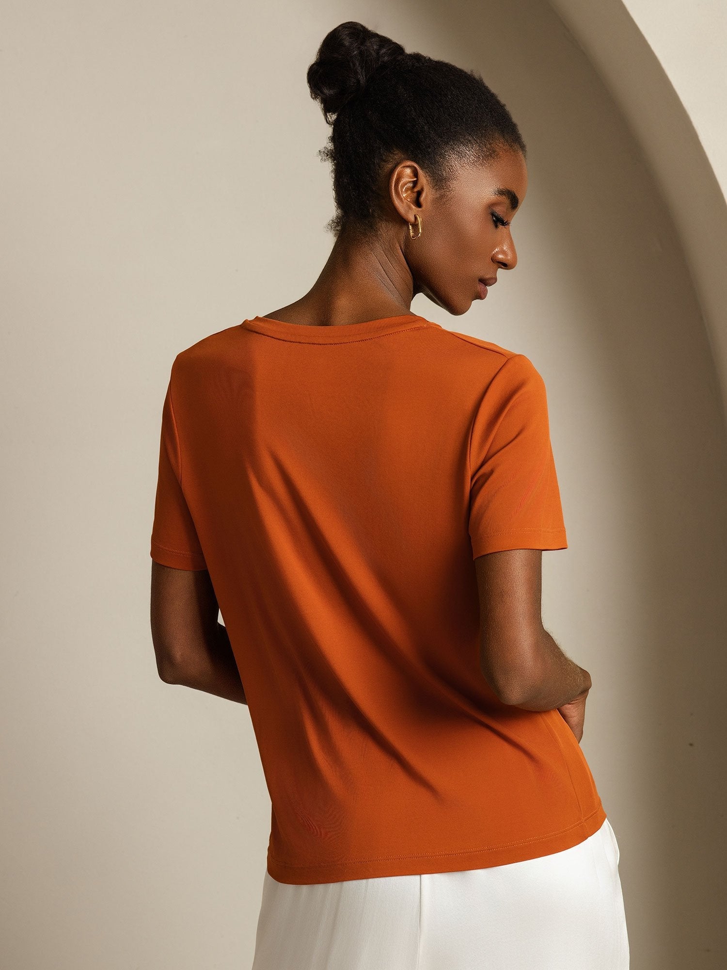 [Orange] SilkSilky-DK Short Sleeve V Neck T-shirt til kvinder 002