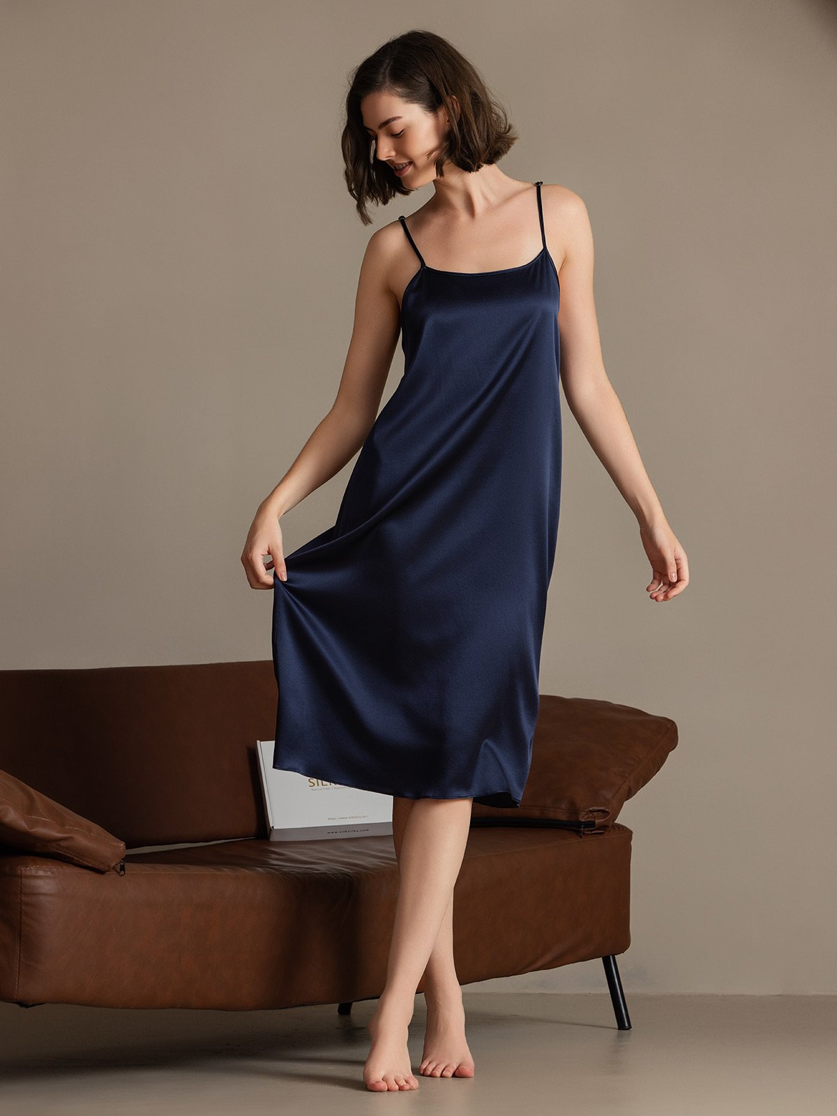 [Mørkeblå] SilkSilky-DK 19Momme Silke Sleeveless Dress 004