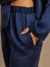 [Mørkeblå] SilkSilky-DK 19Momme Langærmet Notchkrage Dame Pyjamas 005