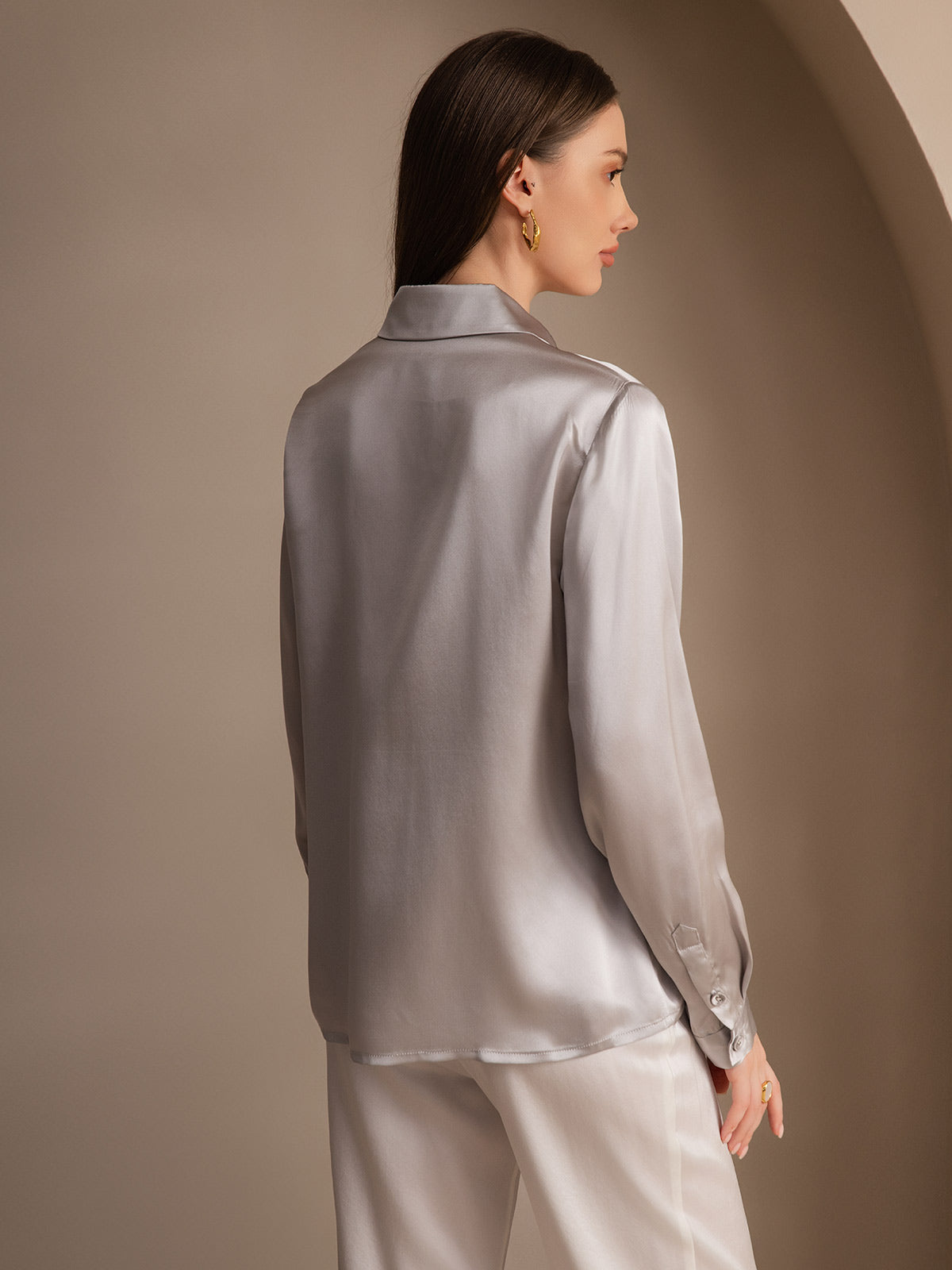 [Lysegrå] SilkSilky-DK 19Momme Silke Womens Shirt 002