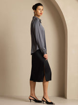 [Mørkegrå] SilkSilky-DK Long Sleeve Lapel Collar Dameskjorte 009