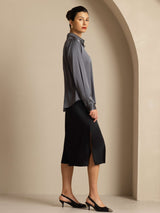 [Mørkegrå] SilkSilky-DK Long Sleeve Lapel Collar Dameskjorte 009