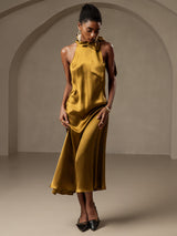 [Brun] SilkSilky-DK Sleeveless Halter Kjole 005
