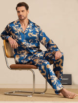 [Navy Drage] SilkSilky-DK Long Sleeve Notch Collar Pyjamas til Mænd 008