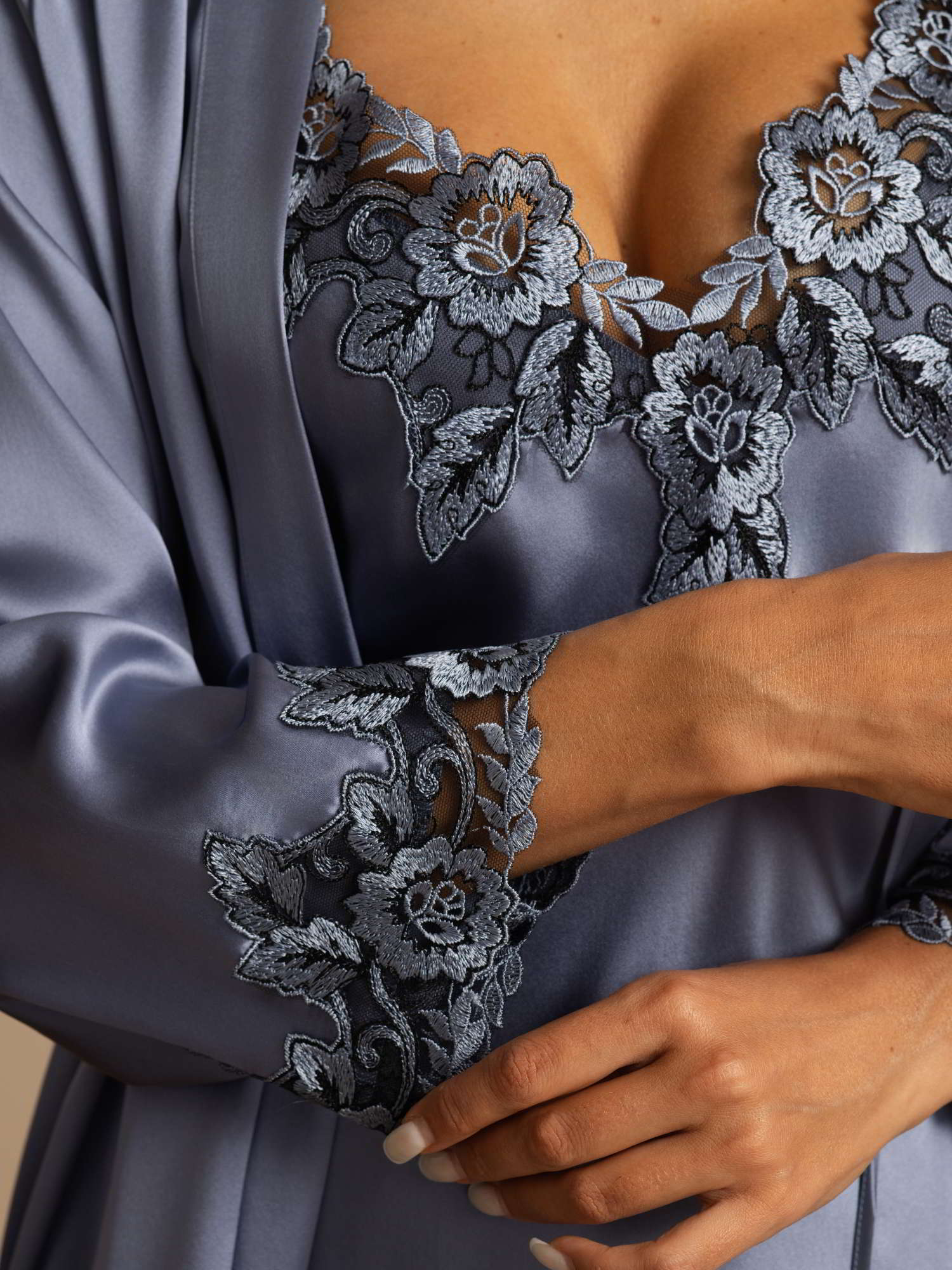 [Stål Blå] SilkSilky-DK Silke Womens Pajamas 004