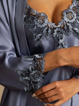 [Stål Blå] SilkSilky-DK Silke Spaghetti Rem Womens Pajamas 004