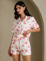 [Hvid Læbestift] SilkSilky-DK Short Sleeve Notch Collar Dame Pyjamas 003