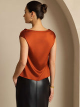 [Karamel] SilkSilky-DK Cap Sleeve Cowl Neck T-shirt til kvinder 002