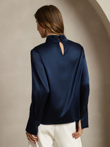 [Mørkeblå] SilkSilky-DK Long Sleeve Keyhole Neck Damebluser 002