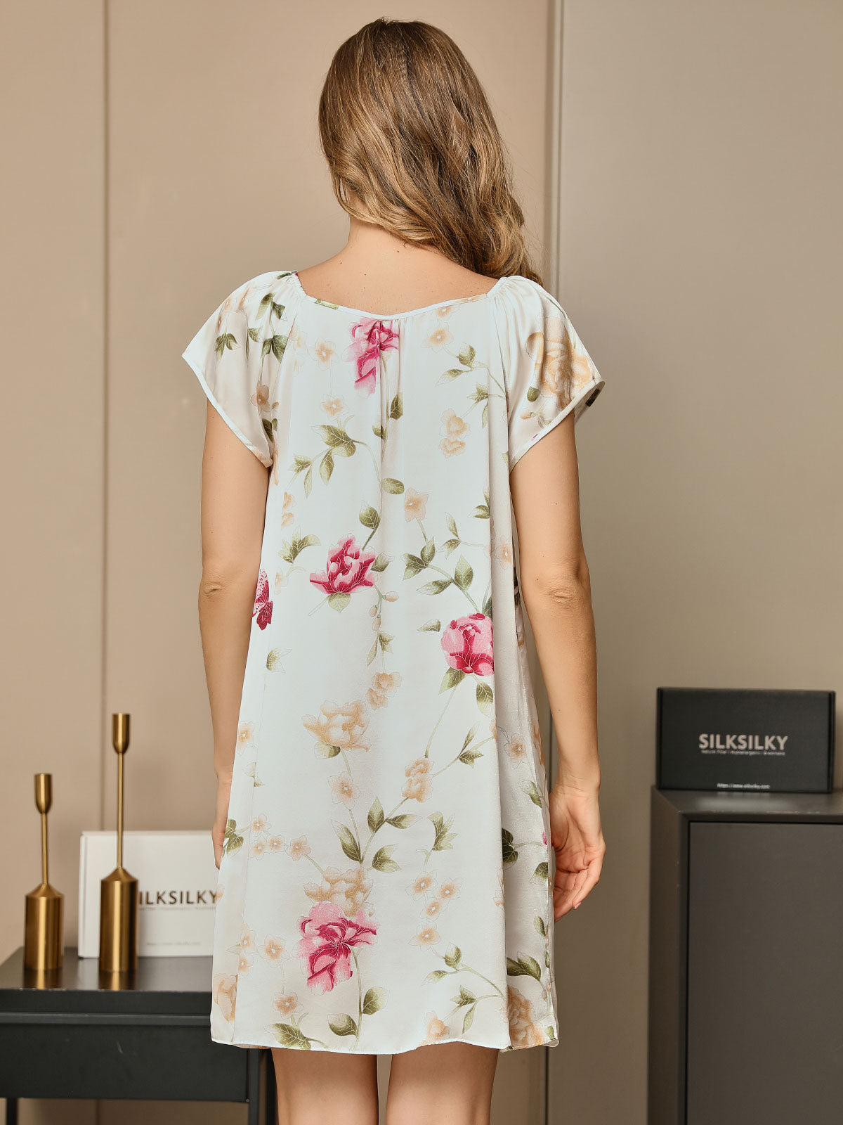 [Hvid] SilkSilky-DK Pure Silk Cap Sleeve Tie Neck Natkjole 002