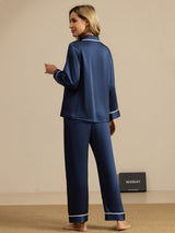 [Mørkeblå] SilkSilky-DK Langærmet Notchkrage Dame Pyjamas 002