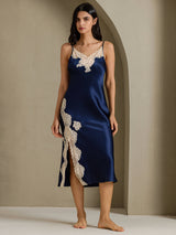 [Mørkeblå] SilkSilky-DK Sleeveless V Neck Natkjole 008