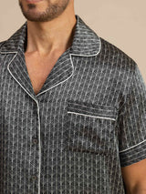 [Sort Ginkgo] SilkSilky-DK Short Sleeve Lapel Collar Pyjamas til Mænd 007