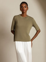 [Brændt Oliven] SilkSilky-DK Half Sleeve Crew Neck T-shirt til kvinder 005